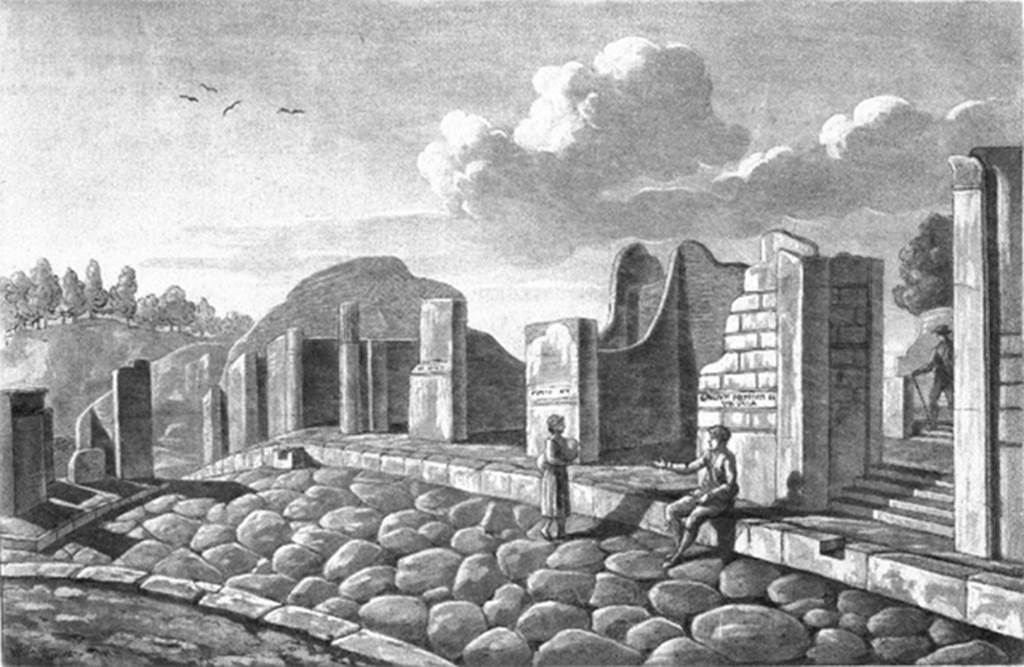 VI.17.34 Pompeii. 1819 drawing with title “Maison de Julius Polybius”. 
The two pillars of VI.17.34 can be seen to the left of the female figure in the centre of the picture.
VI.17.36 is on the left of centre of the drawing, with the step cut in the stone block in front of the kerb.
VI.17.32 is on the right, with the indentation in the kerb, and the steps up.
See Wilkins H, 1819. Suite des Vues Pittoresques des Ruines de Pompei, Rome, pl. XII.
