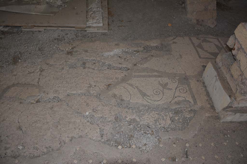 VI.17.41 Pompeii. September 2019. Detail of doorway threshold between atrium and north ala.
On the right is a simple geometric mosaic threshold leading into a corridor on the north side of the atrium.
Foto Annette Haug, ERC Grant 681269 DCOR.

