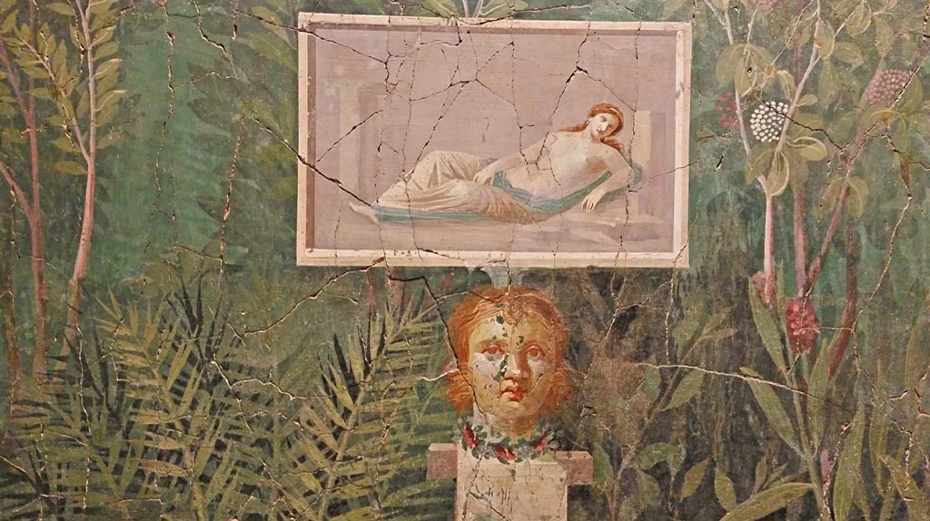 VI.17.42 Pompeii. May 2016. Oecus 32, detail from part of garden fresco from north wall. Photo courtesy of Buzz Ferebee.
