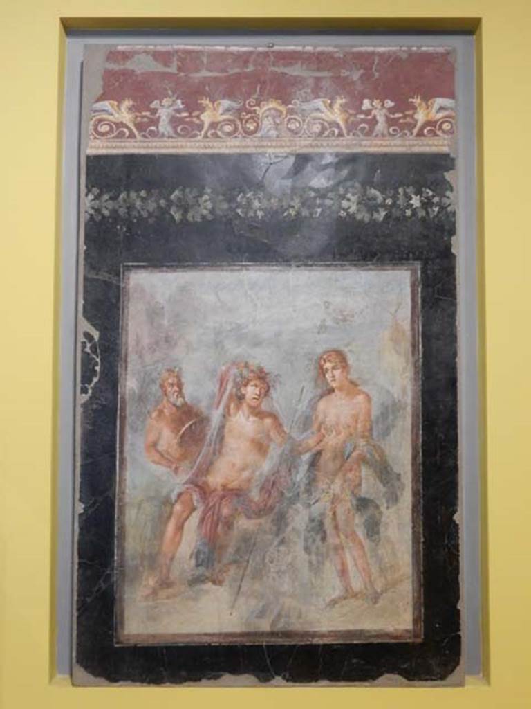 VI.17.42, Pompeii, May 2018. 
Triclinium 20, north wall of triclinium depicting the abandonment of Ariadne on Naxos and the arrival of Dionysus bewitched by the young lady. 
Parco Archeologico di Pompei, inventory number 41658. Photo courtesy of Buzz Ferebee.

