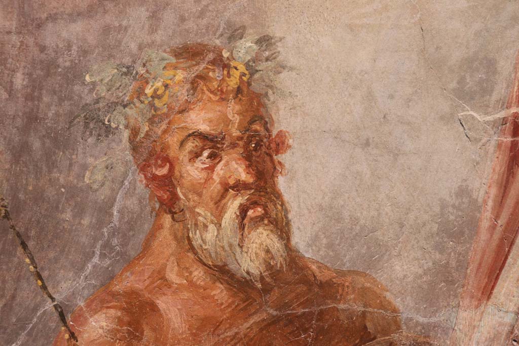 VI.17.42 Pompeii. February 2021. Triclinium 20, detail of Silenus from central painting on north wall of Dionysus and Ariadne in Naxos.
On display in Antiquarium. Photo courtesy of Fabien Bièvre-Perrin (CC BY-NC-SA).
