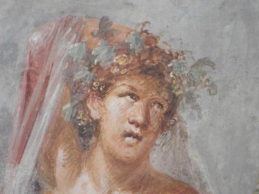VI.17.42, Pompeii, May 2018. Triclinium 20, detail of Dionysus, from central painting on north wall. 
Photo courtesy of Buzz Ferebee.

