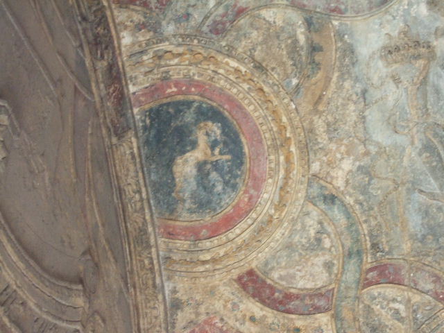 VII.1.8 Pompeii. September 2005.  Detail of stucco ceiling in vestibule 1.