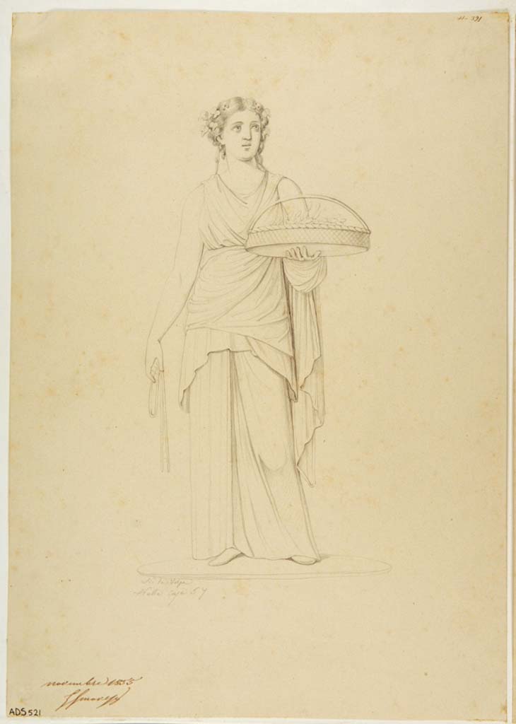 VII.1.25 Pompeii. Peristyle 31. Drawing by Nicola La Volpe, 1855, of woman with offering, described as on a red background.
This was left in situ, and location is no longer identifiable.
Now in Naples Archaeological Museum. Inventory number ADS 521.
Photo © ICCD. http://www.catalogo.beniculturali.it
Utilizzabili alle condizioni della licenza Attribuzione - Non commerciale - Condividi allo stesso modo 2.5 Italia (CC BY-NC-SA 2.5 IT)
See Helbig, W., 1868. Wandgemälde der vom Vesuv verschütteten Städte Campaniens. Leipzig: Breitkopf und Härtel, (1803).
