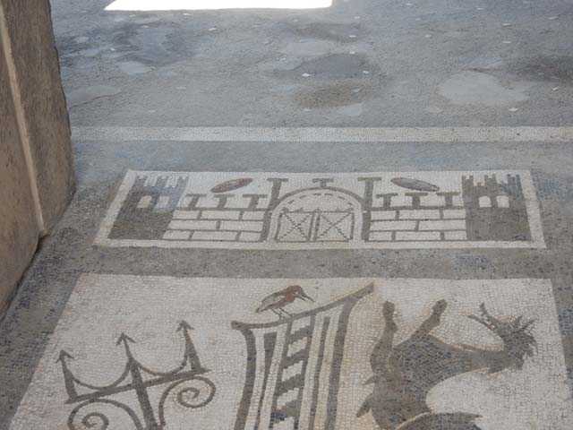 VII.1.40 Pompeii. May 2017. South end of mosaic, with threshold adjoining the floor of the atrium. Photo courtesy of Buzz Ferebee. 

