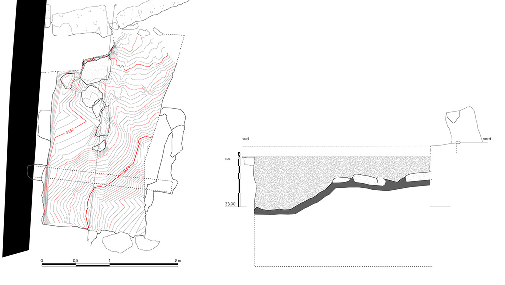 Fig. 40  Pompi, boulangerie VII 2, 22  Plan et coupe de lespace souterrain.
Les courbes de niveau du plan correspondent  larrt de la fouille, sur le niveau de cendres ruptives (isoplthes daltitude chaque 2,5 cm).
chelle : 1/20.
Relev / dessin : F. Fouriaux / N. Monteix  EFR.
