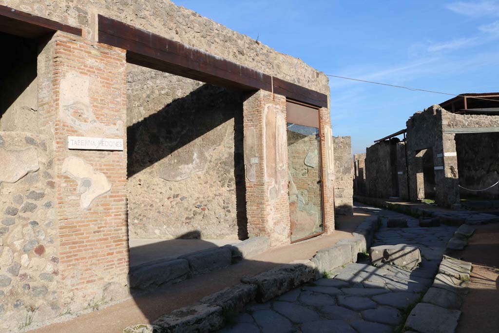VII.2.44, in centre, and VII.2.45, Pompeii December 2018. Looking towards entrance doorways. Photo courtesy of Aude Durand.