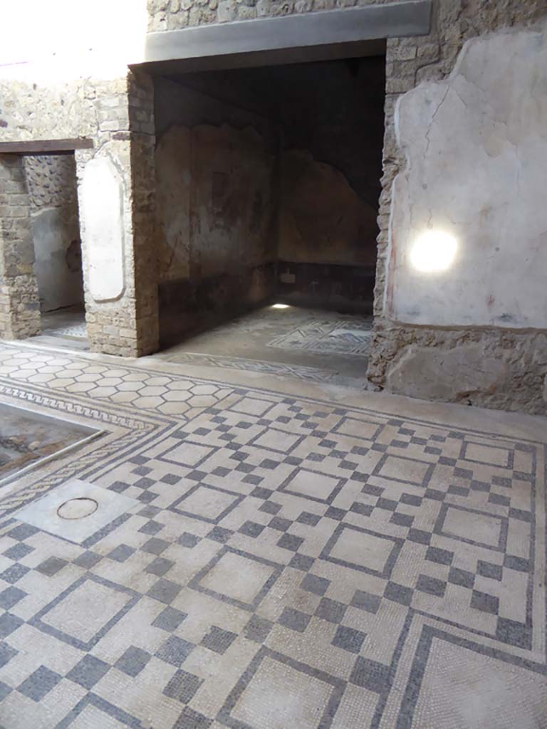 VII.2.45 Pompeii. September 2018. 
Looking across flooring in atrium towards doorway to triclinium in south-east corner of atrium.
Foto Annette Haug, ERC Grant 681269 DÉCOR.
