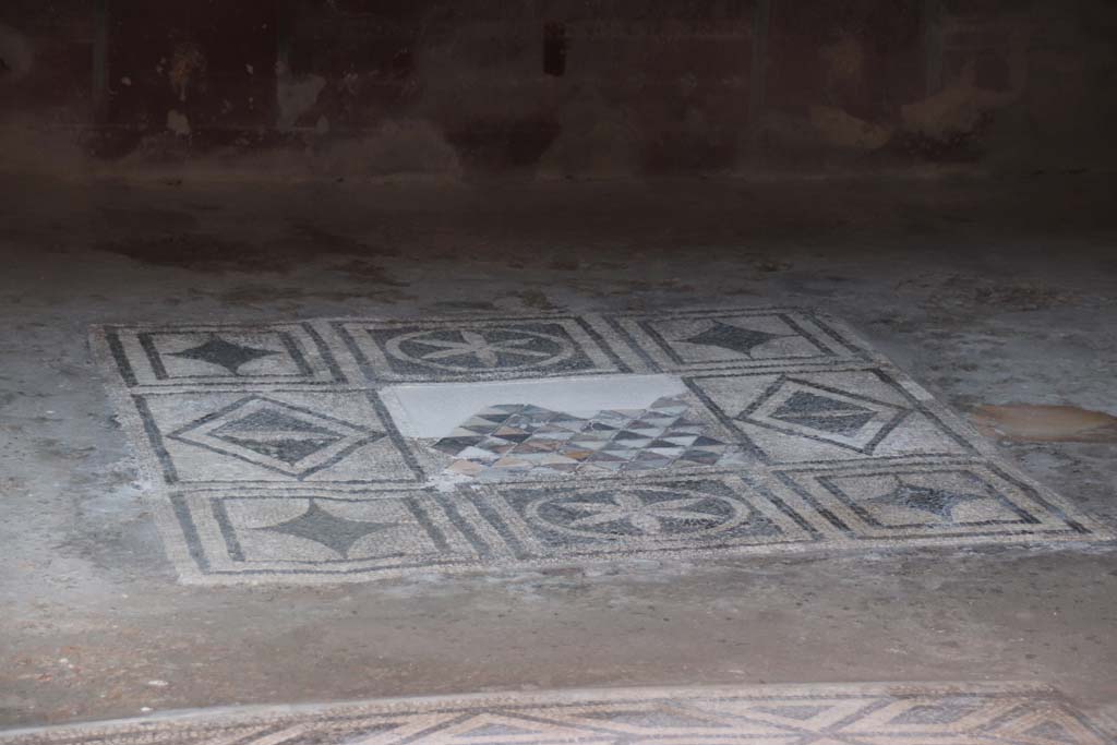 VII.2.45 Pompeii, September 2017. Decorated flooring in triclinium on east side of atrium. Photo courtesy of Klaus Heese.  
0868 Pompeji Casa dell' Orso Ferito (VII.2.45) - Triclinium - Ostseite des Atriums - Mosaik. September 2017.
