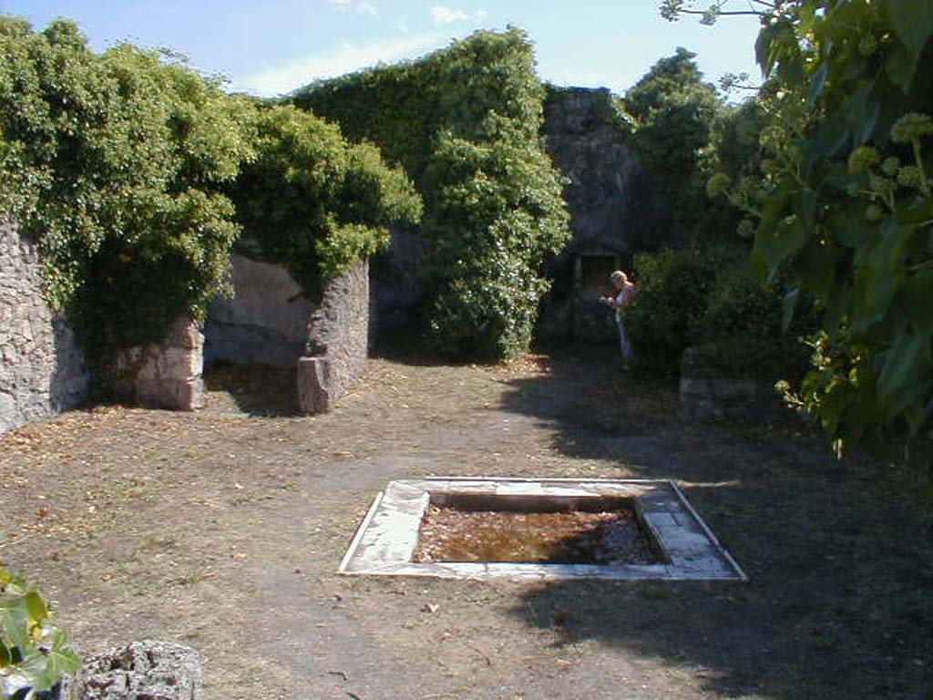 VII.3.6 Pompeii. September 2004. Looking south across atrium through tablinum to garden at rear.
