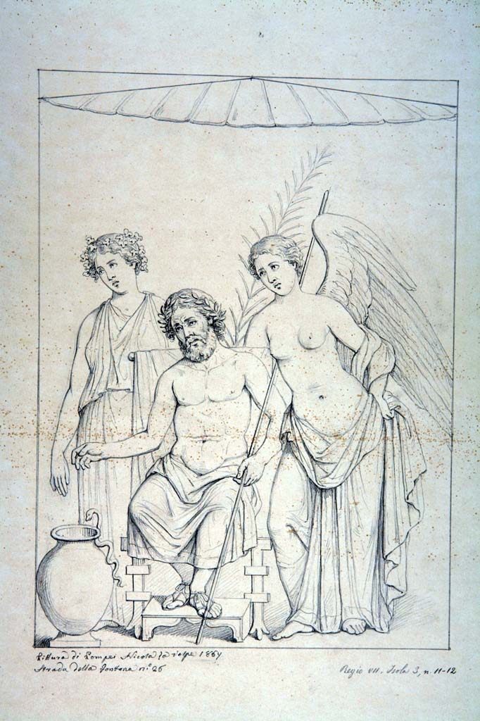 VII.3.11 Pompeii. 1867 drawing by Schulz of lararium painting in the kitchen, now destroyed.
DAIR 83.133. Photo © Deutsches Archäologisches Institut, Abteilung Rom, Arkiv. 
According to Boyce, In the wall of the kitchen was set a niche and between it and the hearth was the lararium painting (w. 2.32) in two zones.
In the centre of the upper zone (top damaged, h. uncertain) stands a blazing altar and to the r. of it the Genius, wearing a toga praetexta and holding in the left a cornucopia, in the right a patera above the altar.
Behind him comes a camillus in white tunic, carrying in right hand garlands and taeniae, in the left, with which he leads by a string a hog adorned with vittae, a large shallow dish containing several spits. 
On the opposite side of the altar stands the tibicen in white tunic and red toga (sic) with his right foot upon a scabellum; behind him a very small, nude popa carries in his right the sacrificial knife, in his left a malleus. 
On each side of this group is a Lar with rhyton and situla, leaning with one arm upon a pillar.
In the lower zone (h. 0.90) are two serpents confronted at an altar furnished with eggs and fruit.
See Boyce G. K., 1937. Corpus of the Lararia of Pompeii. Rome: MAAR 14, p.64, no. 265, pl. 19,1.  
See Fröhlich, T., 1991. Lararien und Fassadenbilder in den Vesuvstädten. Mainz: von Zabern, p. 285, L82, Abb. 4.
See Giacobello, F., 2008. Larari Pompeiani: Iconografia e culto dei Lari in ambito domestico. Milano: LED Edizioni. (p.191-2)
