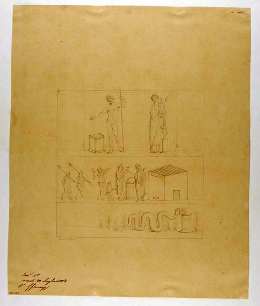 VII.4.20 Pompeii. W.15. About 1835. North wall of kitchen of dwelling house. Sketch by N. La Volpe of Lararium painting. In the upper zone were Jupiter and Venus Pompeiana.  In the middle zone was the sacrificial scene.  In the lowest zone a single serpent approached an altar from the left.
See Boyce G. K., 1937. Corpus of the Lararia of Pompeii. Rome: MAAR 14.  (271, p.65, Pl 18,2).
See Real Museo Borbonico XI, Plate 38.
Photo by Tatiana Warscher. With kind permission of DAI Rome, whose copyright it remains. 
