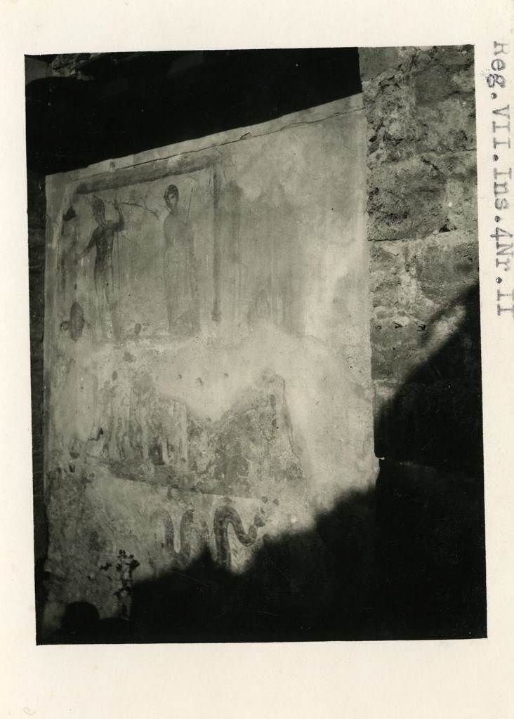 VII.4.20 Pompeii. W.16. About 1835. North wall of kitchen of dwelling house.  
Sketch of Lararium painting.  In the upper zone were Jupiter and Venus Pompeiana.  
In the middle zone was the sacrificial scene.  In the lowest zone a single serpent approaches an altar from the left.
See Boyce G. K., 1937. Corpus of the Lararia of Pompeii. Rome: MAAR 14.  (271, p.65, Pl 18,2).
See Real Museo Borbonico XI, Plate 37.
Photo by Tatiana Warscher. With kind permission of DAI Rome, whose copyright it remains. 


