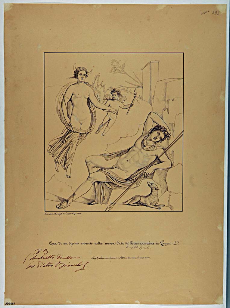 VII.4.29 Pompeii. Drawing of Selene and Endymion by Giuseppe Marsigli, 1834, written below was 
“Copy of a painting existing in the new Casa del Forno a riverbero in Pompeii (corrected to “in the capitelli figurati”)’.
The house of the figured capitals is the house at the rear of this one and is linked to it.
Now in Naples Archaeological Museum. Inventory number ADS 668.
Photo © ICCD. http://www.catalogo.beniculturali.it
Utilizzabili alle condizioni della licenza Attribuzione - Non commerciale - Condividi allo stesso modo 2.5 Italia (CC BY-NC-SA 2.5 IT)
