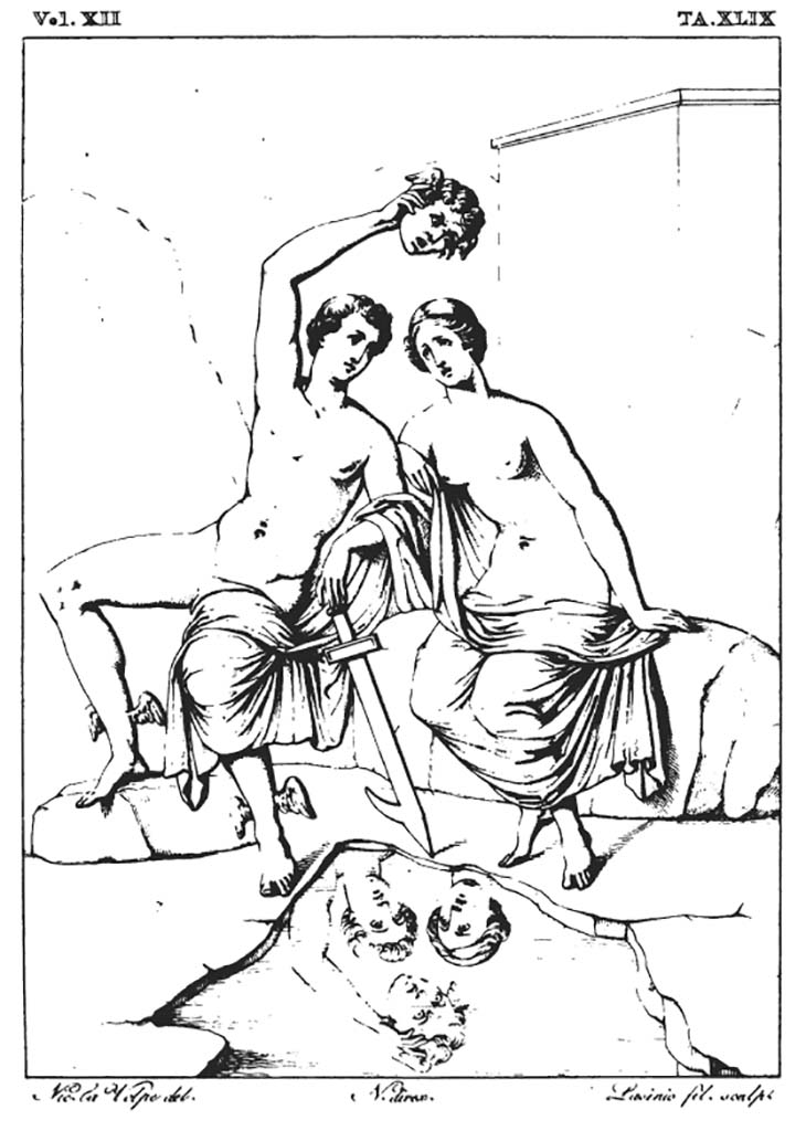 VII.4.29 Pompeii. 1839 drawing by Nicola la Volpe of painting of Perseus and Andromeda, now faded and lost. 
Found in the same room as Selene and Endymion, and according to Fiorelli, there was also a painting of The Three Graces.
See Real Museo Borbonico XII, 1839, Tav. XLIX.
See Helbig, W., 1868. Wandgemälde der vom Vesuv verschütteten Städte Campaniens. Leipzig: Breitkopf und Härtel, 1194.
See Carratelli, G. P., 1990-2003. Pompei: Pitture e Mosaici: Vol. VI. Roma: Istituto della enciclopedia italiana, p. 994.
