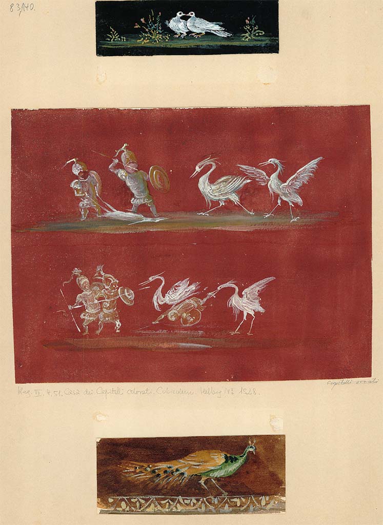 VII.4.31/51 Pompeii. Room 21, two (centre) of the three panels of pygmies fighting with cranes.
DAIR.83,140.  Photo © Deutsches Archäologisches Institut, Abteilung Rom, Arkiv. 138/202
The note directly under the pygmies painting attributes it to VII.4.51 cubiculum. 
There is no attribution on the other two paintings to identify which house they may be from.
