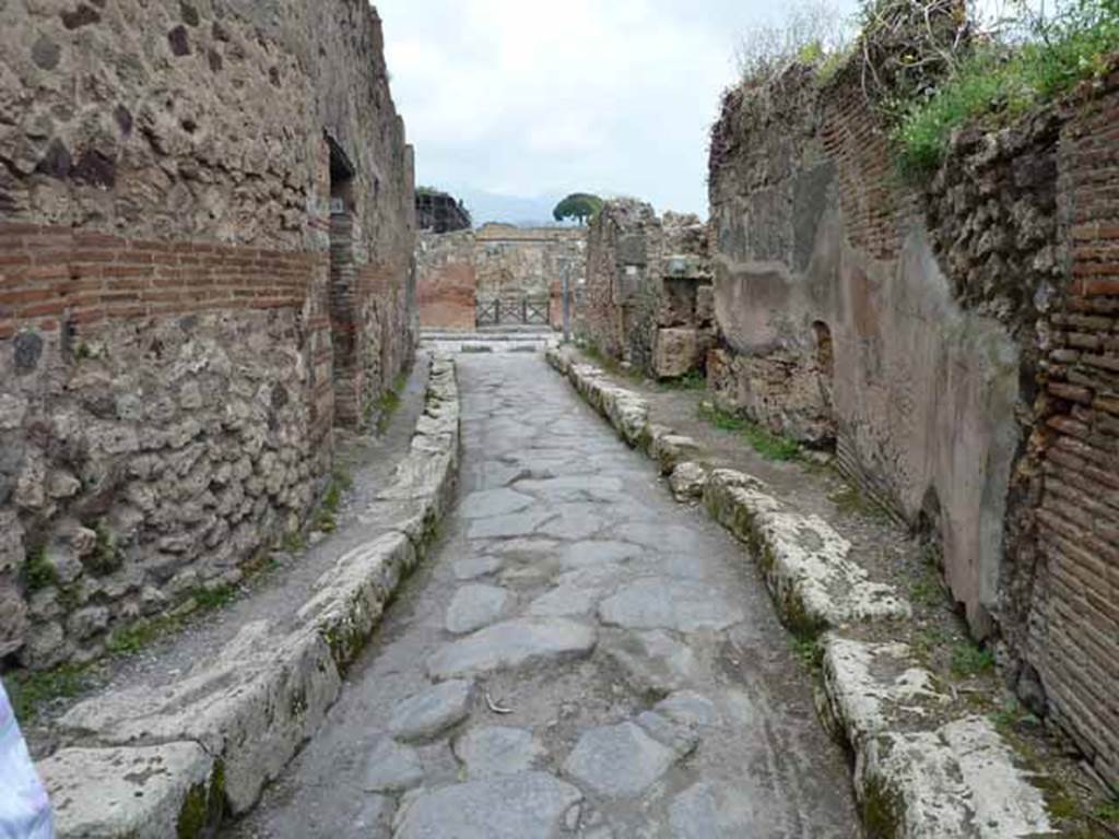 VII.4.44 Pompeii. May 2010. Vicolo Storto, looking north to Via della Fortuna, from near entrance.