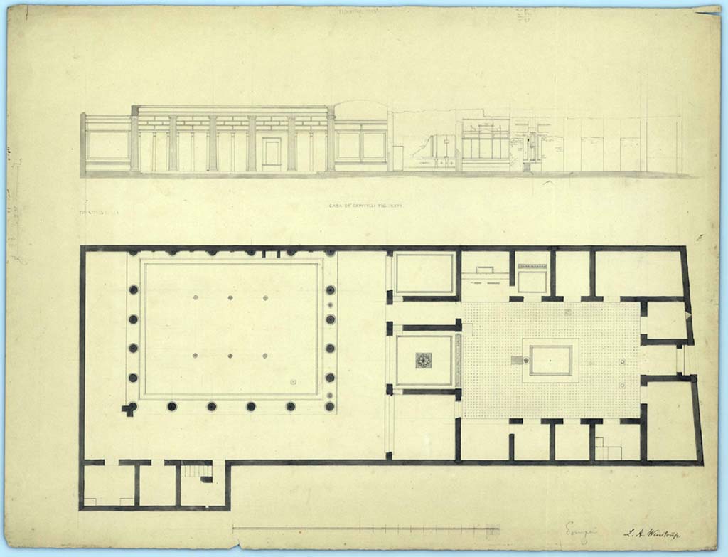 VII.4.57 Pompeii. 1849. Drawing by Laurits Albert Winstrup 1815-1889 of plan of the house.
At the top of the plan is a sketch of the west side of the house, showing decoration still visible on portico of peristyle, in tablinum, west ala and cubiculum 10, as well as detail of mosaic flooring. 
Photo © Danmarks Kunstbibliotek, inventory number ark_6186a.
