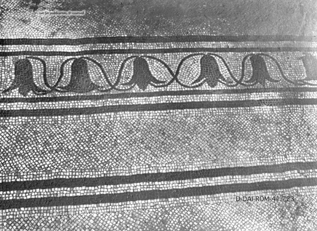 VII.4.57 Pompeii. c.1930. Room 10, mosaic flooring in cubiculum.
DAIR 41.723. Photo © Deutsches Archäologisches Institut, Abteilung Rom, Arkiv.
See Pernice, E.  1938. Pavimente und Figürliche Mosaiken: Die Hellenistische Kunst in Pompeji, Band VI. Berlin: de Gruyter, (tav. 38,4, above.)
