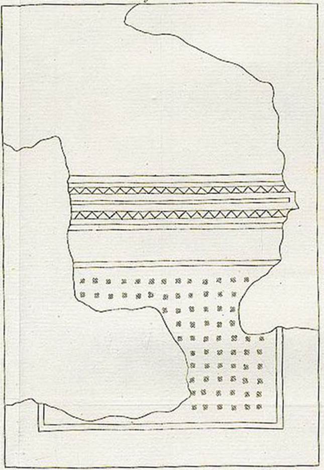 VII.4.59 Pompeii. 1840 drawing of mosaic floor, cubiculum x.
See Avellino F., 1843. Descrizione di una casa disotterrata in Pompei negli anni 1832, 1833 e 1834., Napoli, Memorie della R. Acc. Ercolanese III, 1843, Tav II, fig. 5.
See Hanoune R., A and M De Vos, 1985. Gli acquarelli pompeiani di F. Boulanger [Casa dei Bronzi, Casa del labirinto], MEFRA 1985. p. 868, fig. 17. 
