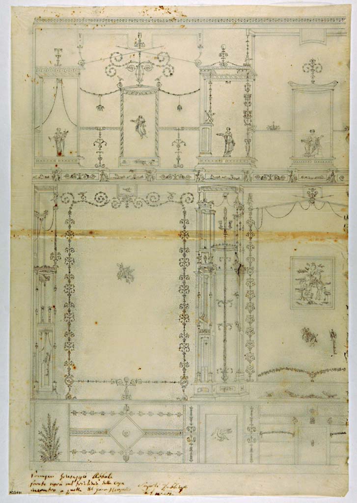 VII.4.59 Pompeii. Exedra or triclinium y, west wall at south end. Drawing by Giuseppe Abbate, of detail of IV style decoration at south end of west wall.
Now in Naples Archaeological Museum. Inventory number ADS 671.
Photo © ICCD. http://www.catalogo.beniculturali.it
Utilizzabili alle condizioni della licenza Attribuzione - Non commerciale - Condividi allo stesso modo 2.5 Italia (CC BY-NC-SA 2.5 IT)
 
