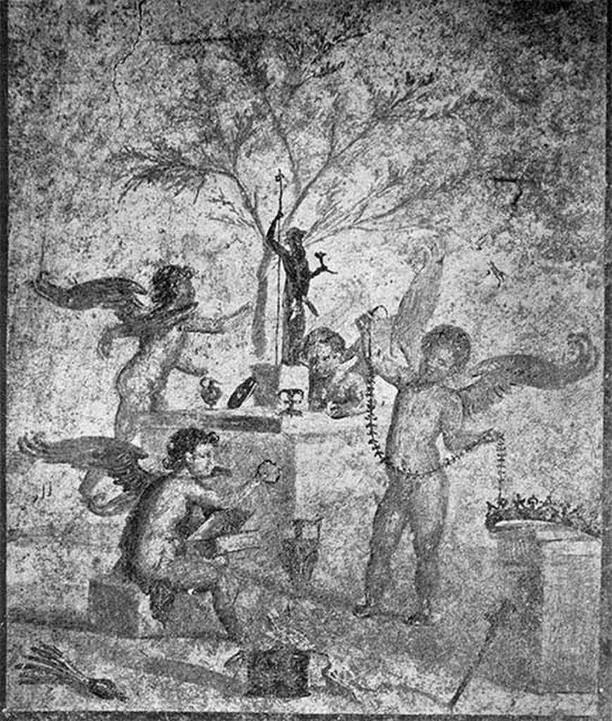 VII.4.59 Pompeii. Oecus or triclinium y, west wall. Cupids playing with the attributes of Aphrodite next to a statue of Priapos. From photo by G. Sommer.
Now in Naples Archaeological Museum. See Bragantini, de Vos, Badoni, 1986. Pitture e Pavimenti di Pompei, Parte 3. Rome: ICCD, p. 148.