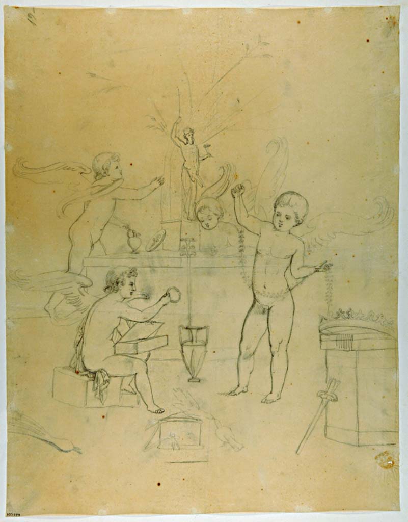 VII.4.59 Pompeii. Drawing of Cupids playing with the attributes of Aphrodite next to a statue of Priapus
Found on the west wall of Exedra or triclinium y. 
See Museo Borbonico, XI, tav. XVI, signed by La Volpe.
See also ADS 673 a drawing of the same subject attributed to Michele Mastracchio.
Now in Naples Archaeological Museum. Inventory number ADS 674.
Photo © ICCD. http://www.catalogo.beniculturali.it
Utilizzabili alle condizioni della licenza Attribuzione - Non commerciale - Condividi allo stesso modo 2.5 Italia (CC BY-NC-SA 2.5 IT)

