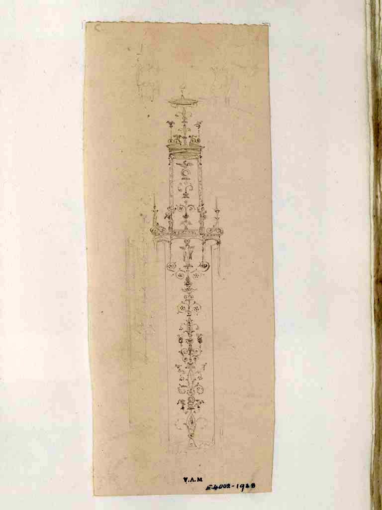 VII.4.59 Pompeii. 1840 drawing of mosaic floor, triclinium z.
See Avellino F., 1843. Descrizione di una casa disotterrata in Pompei negli anni 1832, 1833 e 1834., Napoli, Memorie della R. Acc. Ercolanese III, 1843, Tav II, fig. 6.
See Hanoune R., A and M De Vos, 1985. Gli acquarelli pompeiani di F. Boulanger [Casa dei Bronzi, Casa del labirinto], MEFRA 1985. p. 868, fig. 17. 
