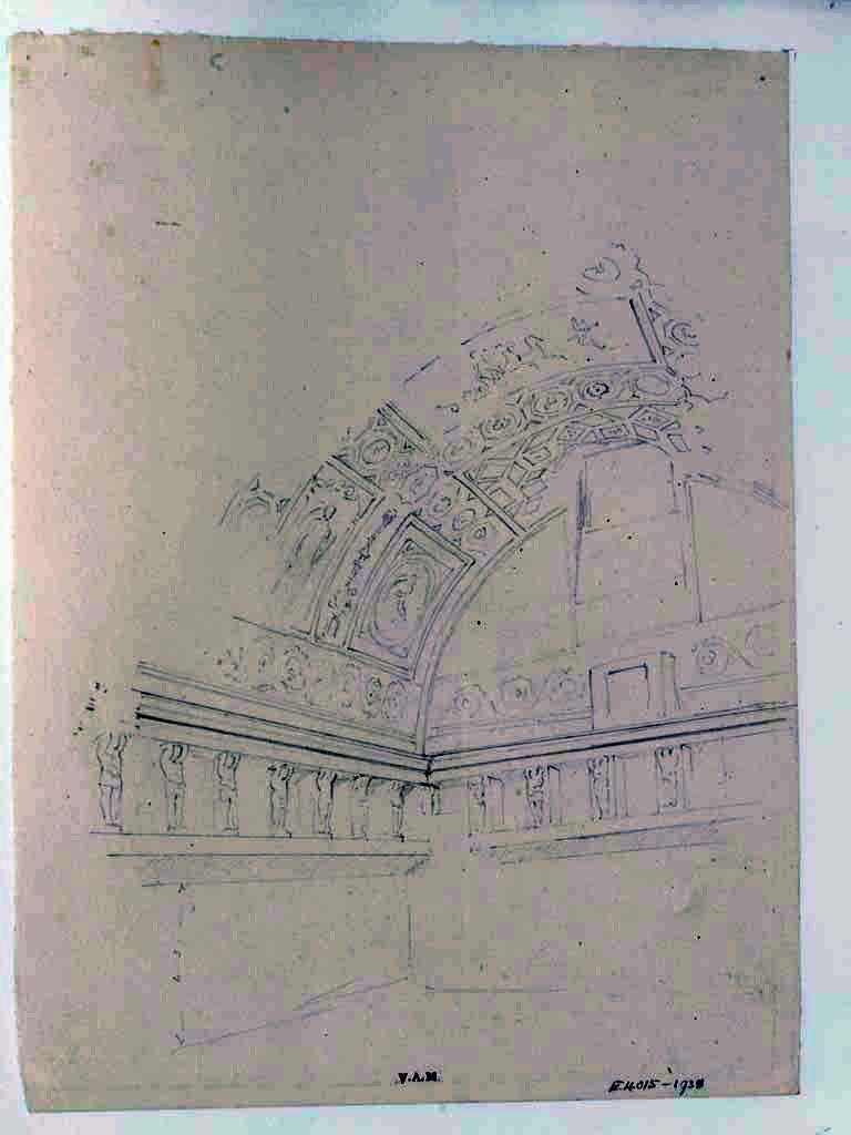 VII.5.24 Pompeii. 
Undated watercolour by Luigi Bazzani, detail of winged figure decorating the foot of bronze brazier (38) in tepidarium (37).
Photo © Victoria and Albert Museum. Inventory number 2052-1900.
