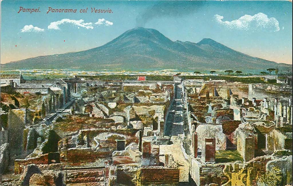  VII.6.7 Pompeii. Late 19th century postcard. Looking north from above atrium and impluvium of VII.6.7.  The entrance doorway would have been the one on the right of the centre of the photo. This shows the north wall of the atrium, and the rear of VII.6.4, 5 and 6. The entrance doorway leading into the atrium of VII.6.3 can be seen on the left. Photo courtesy of Rick Bauer.
