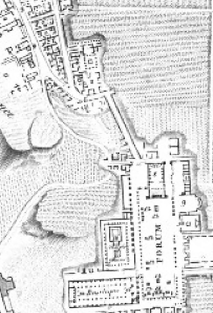 Enlargement of plan of Forum area, c.1819, drawn by H. Wilkins.
VI.6.1, Pansa’ House is shown at the top of the straight roadway leading down towards the Forum.
This would seem to show that the way between the north end of the Forum and Pansa’s House (as mentioned in the Gell drawings above) would have been along the line of the (present) Vicolo delle Terme. Perhaps the Gell drawings, and the scandalous chamber, were from the north side of Vicolo dei Soprastanti (VII.5.14-17) or as already mentioned from VII.6.14/15.  
See Wilkins, H. (1819). Suite des Vues Pittoresques des ruines de Pompei, p.5, Pl.II. 

Although the extracts above, from 1840 PAH (PAH, Vol 2, 25th May 1840, and PAH, Vol.3, (Addenda), 3rd June 1840) and BdI 1841, show that excavations were taking place in 1840/41, on the above plan drawn by Wilkins in 1819, it would appear that some buildings on the corner of VII.6, opposite Pansa’s House, were already in the light, as they had been previously been unearthed from 1757 to 1761
