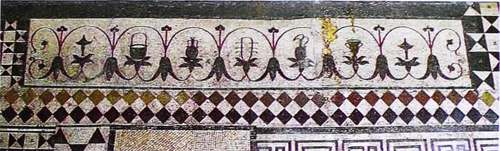 VII.6.28 Pompeii. Found 30th April 1762. Mosaic with Isiac motifs from threshold of room 9, set in floor in room of Naples Archaeological Museum.