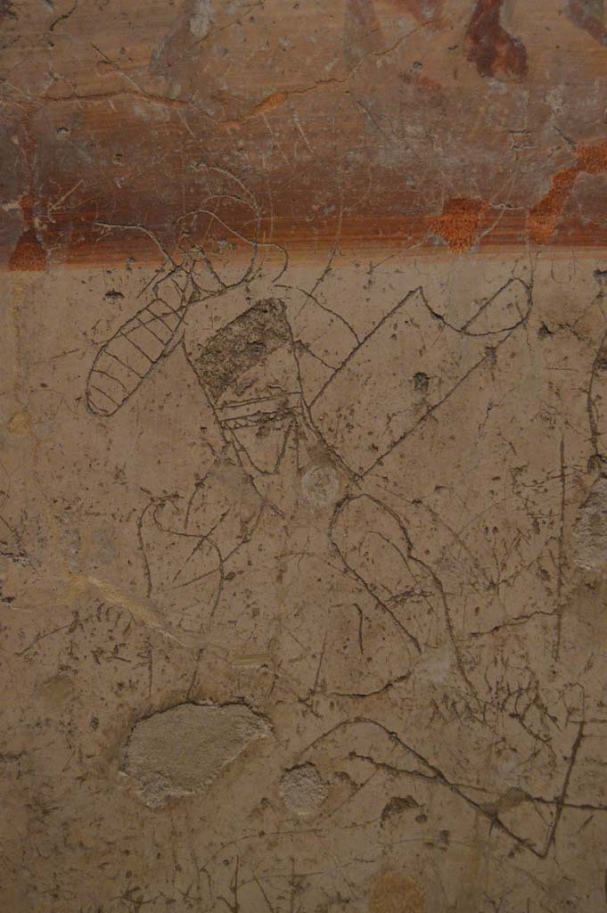 VII.6.34/35 Pompeii. March 2018. Found on the pilaster between VII.6.35 and VII.6.34.
Detail of the graffito of the gladiatorial scene from beneath the painting. 
Now in Naples Archaeological Museum. Inventory number 27683.
Foto Taylor Lauritsen, ERC Grant 681269 DÉCOR.
