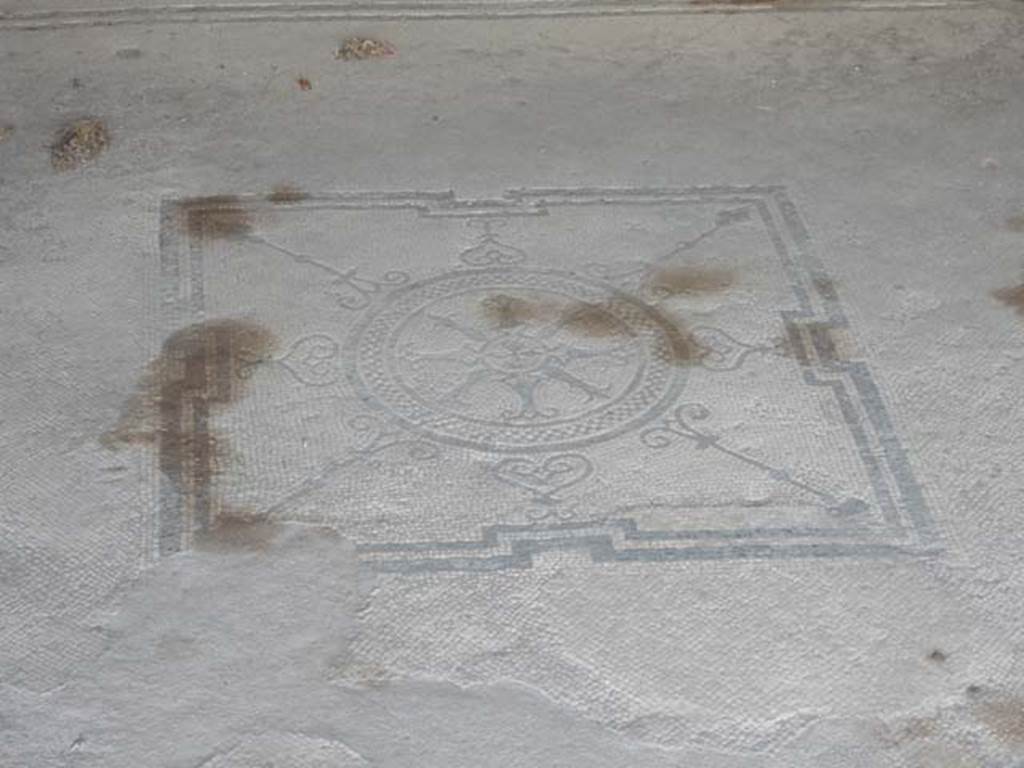 VII.7.2/5, Pompeii. c.1930. Central emblema and flooring in room (n).
According to Blake –
The house bears evidence of several transformations. 
There is no way of knowing to which one of those transformations the centre represented above belongs. 
The design, though composed of elements common to the mosaics of the period, is so far as I know, unique.
See Blake, M., (1930). The pavements of the Roman Buildings of the Republic and Early Empire. Rome, MAAR, 8, (p.114 & Pl.23, Tav. 3)
