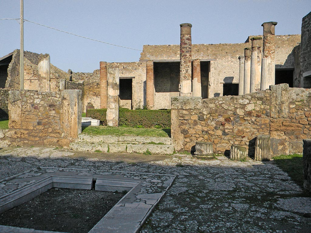 VII.7.5 Pompeii. 2013. 
Looking north-west across atrium (b) and peristyle (l) to cubiculum (x) and oecus (u). Photo courtesy of Davide Peluso.
