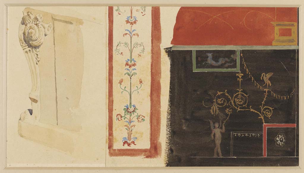 VII.7.5 Pompeii. Undated watercolour by Luigi Bazzani. 
This painting of a black zoccolo may or may not also be from a wall in the atrium.
Photo © Victoria and Albert Museum. Inventory number 2038-1900.
