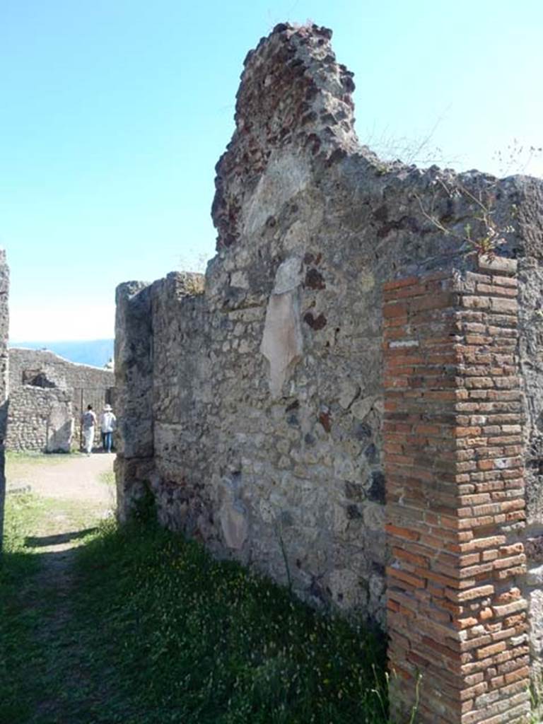 VII.7.10 Pompeii. May 2018. 
Cubiculum f, upper north wall with remains of white painted decoration, perhaps with slight traces of painted panels or architecture.
Photo courtesy of Buzz Ferebee. 

