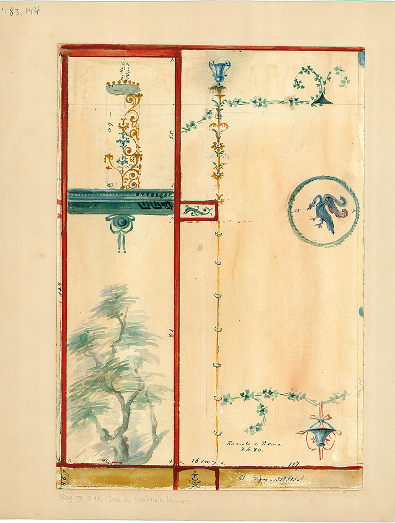 VII.7.10/13 Pompeii. 7th June 1880. 
Watercolour of painted decorations from this house, but location unknown (also entered in VII.7.10).
DAIR 83.144. Photo © Deutsches Archäologisches Institut, Abteilung Rom, Arkiv. 
