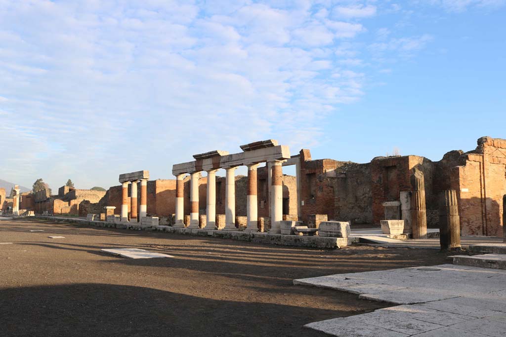 VII.8 Pompeii Forum. December 2018. 
Looking towards east side of Forum and portico of Eumachia’s Building, with Via dell’Abbondanza, on right. Photo courtesy of Aude Durand.
