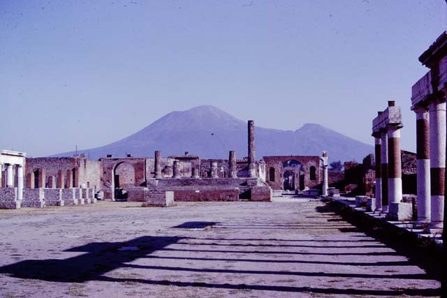 VII.8 Pompeii Forum, 1966. Looking north along east side. Photo by Stanley A. Jashemski. 
Source: The Wilhelmina and Stanley A. Jashemski archive in the University of Maryland Library, Special Collections (See collection page) and made available under the Creative Commons Attribution-Non Commercial License v.4. See Licence and use details. J66f0543

