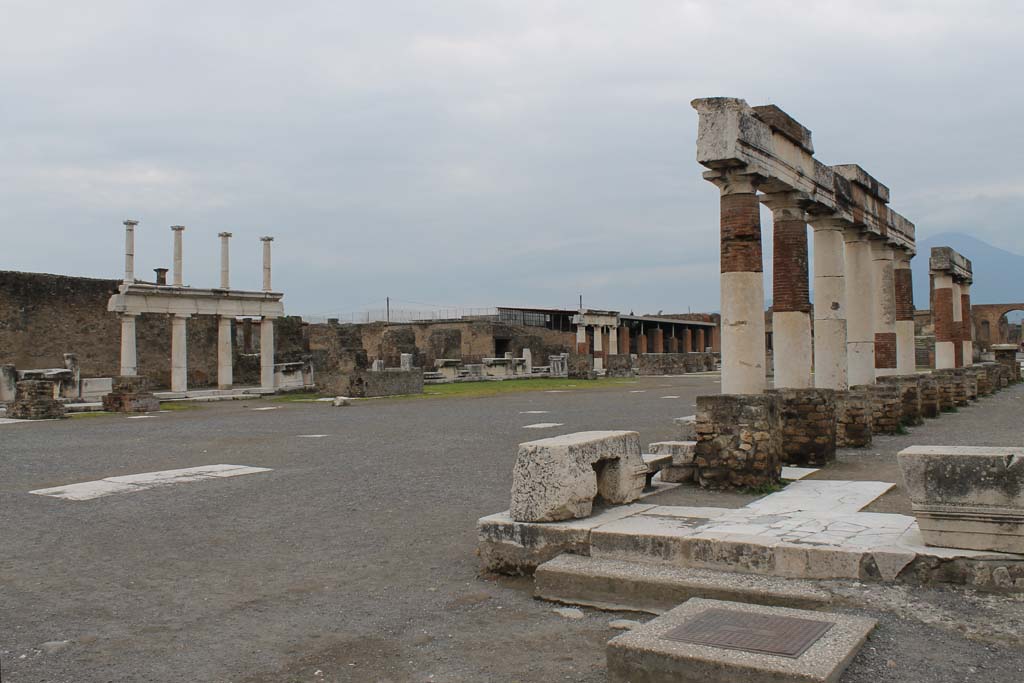 VII.8 Pompeii Forum. May 2010. Portico of Eumachia Building on east side.