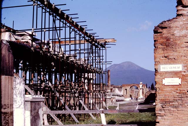 VII.8 Pompeii Forum. December 2018. 
Looking north along east side from the rear of Eumachia’s portico. Photo courtesy of Aude Durand.
