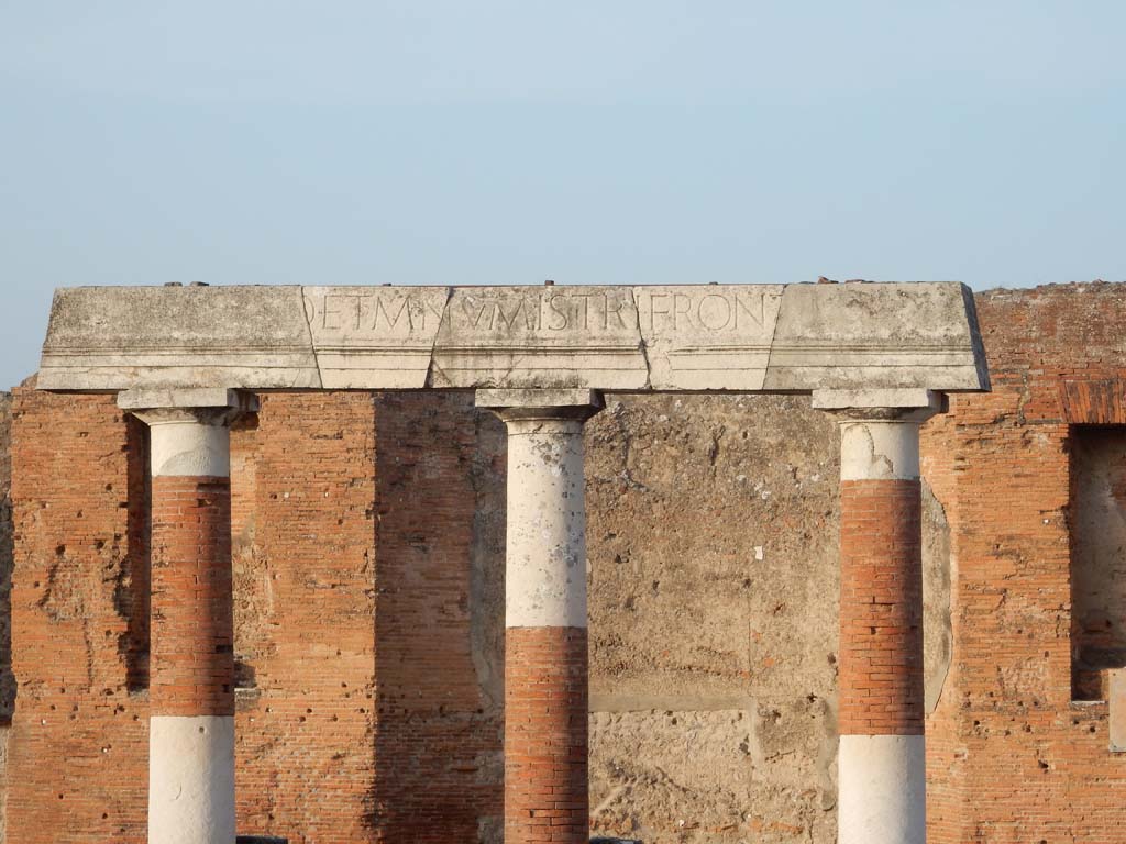 VII.9.1 Pompeii. June 2019. Eumachia’s Building portico. North part with part of inscription above.
Photo courtesy of Buzz Ferebee.

