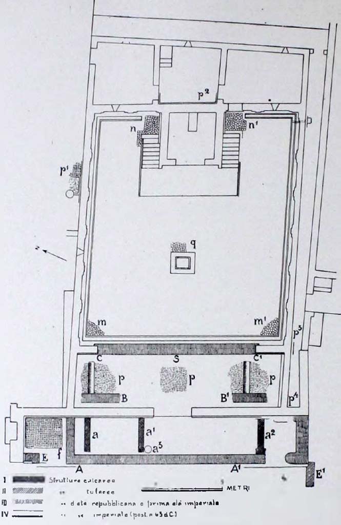 VII.9.2 Pompeii. Drawing of plan of Temple of Vespasian. 
See Notizie degli Scavi di Antichità, 1942, (p.267-270, (plan on p.268, fig.8)).
