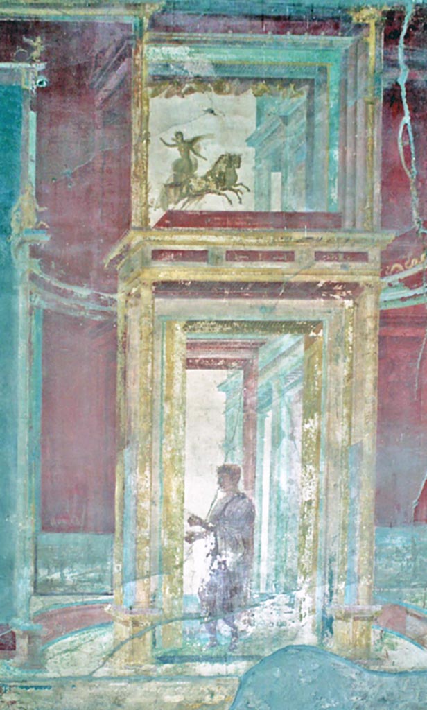 VII.9.7 and VII.9.8 Pompeii. Macellum. 1825. North wall in north-east corner drawing by Maldarelli showing wall painting of Phryxus on the ram with two dolphins.
This was seen at the centre of a panel painted black with a wide red border.
See Real Museo Borbonico II, 1825, Tav XIX.
