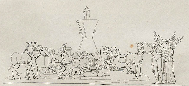 VII.9.19 Pompeii. Entrance prothyron. 1827 drawing of painting of cupids and psyches making garlands.
Two cupids and two psyches are seated at a table making garlands.
To the left stand a cupid holding garlands and a psyche.
On the right a psyche bends over a bench on which is a basket full of blooms.
See Gerhard E., 1828. Antike Bildwerke. Stuttgart: Cotta, Taf. LXII, 2.
See Helbig, W., 1868. Wandgemälde der vom Vesuv verschütteten Städte Campaniens. Leipzig: Breitkopf und Härtel, 800.
See Real Museo Borbonico IV, 1827, Tav. XLVII.
