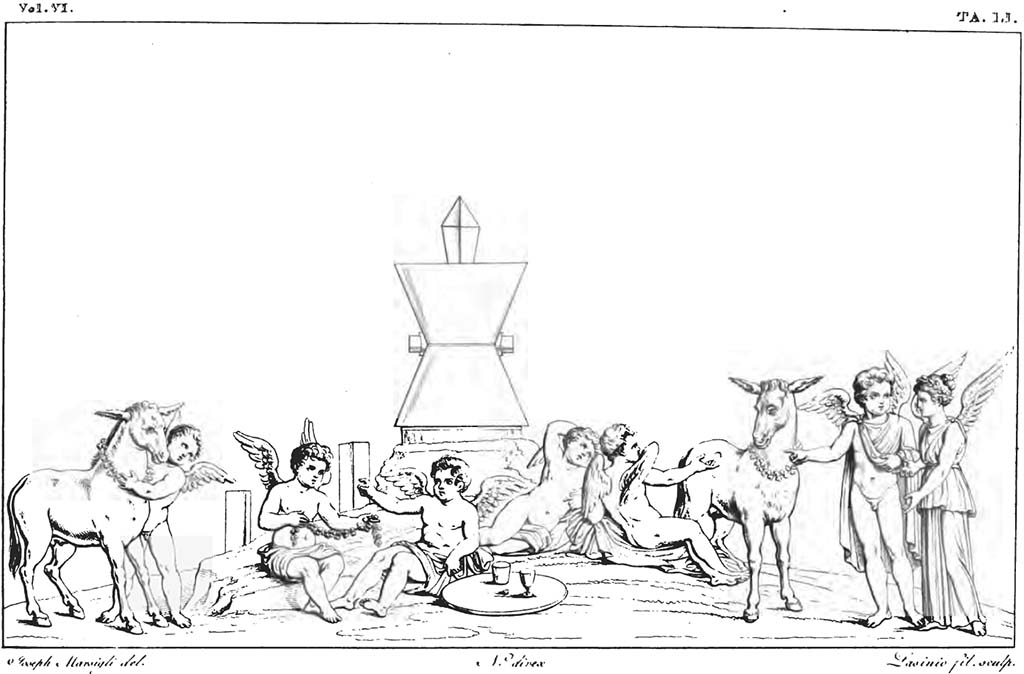 VII.9.19 Pompeii. Entrance prothyron. 1827 drawing of painting of cupids and psyches.
In the background is a millstone.
Two pairs of cupids are seated in front of this.
In the centre is a round tray with two beakers on it.
To the left a cupid appears to be putting a garland round the neck of a mule.
Another mule is on the right of the picture to the right of which a cupid and a psyche are standing.
See Gerhard E., 1828. Antike Bildwerke. Stuttgart: Cotta, Taf. LXII, 2.
See Helbig, W., 1868. Wandgemälde der vom Vesuv verschütteten Städte Campaniens. Leipzig: Breitkopf und Härtel, 777.
See Real Museo Borbonico VI, 1830, Tav. LI.
