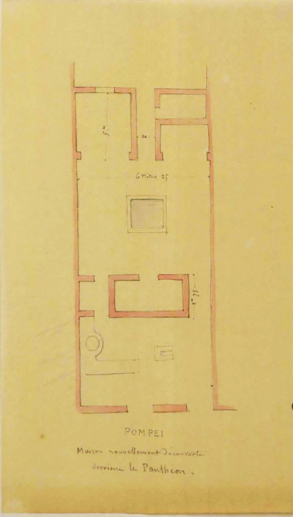 VII.9.41/40 Pompeii. Described as “House newly excavated behind the Pantheon”.
Undated sketch by Lesueur, showing doorway to shop at VII.9.41, lower centre, and doorway to corridor to house at VII.9.40, lower right. The upper doorway would lead into the garden area, and then VII.9.27. 
See Lesueur, Jean-Baptiste Ciceron. Voyage en Italie de Jean-Baptiste Ciceron Lesueur (1794-1883), pl. 42.
See Book on INHA reference INHA NUM PC 15469 (04)  « Licence Ouverte / Open Licence » Etalab

