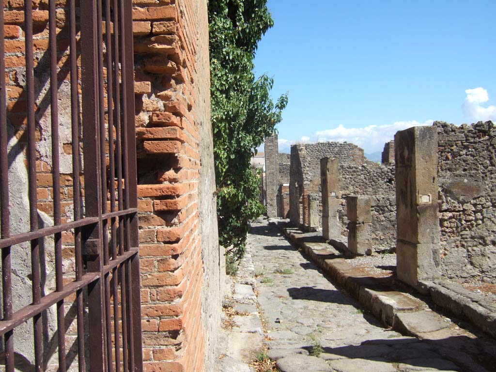 VII.9.42 Pompeii. September 2005. Vicolo del Balcone Pensile looking east.        
On the pilaster to the right (east) of the rear entrance doorway of the Pantheon (Macellum), Gell described an inscription.
According to Gell -
On a pier is written TREBIUM AED OVF.
                               CVM.NARI ROG   [CIL IV. 677]
See Gell, W, 1832. Pompeiana: Vol 1. London: Jennings and Chaplin, (p.11 and 12).

According to CIL IV (1871), Gell had read CIL IV 677 wrongly, especially the second line of the inscription above, they transcribed it as –

TREBIUM . AED . OVF.
CLIBANARI . ROG .   [CIL IV 677]

(Note: The pier this was written on would have been on the north side of Vicolo del Balcone Pensile, on the right by the posticum of the Pantheon, between VII.9.42 and 41.)
