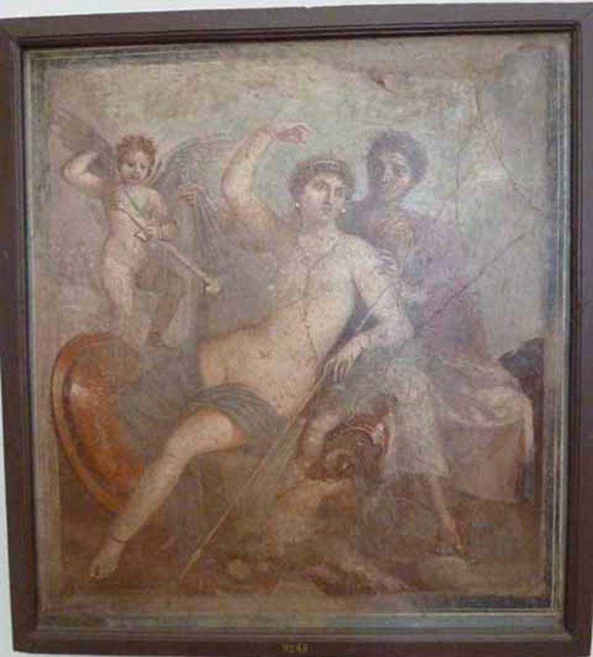 VII.9.47 Pompeii.  Room 6, west wall of tablinum.  This painting of Mars and Venus was found in the centre of the wall on 24th June 1820. . Now in Naples Archaeological Museum. Inventory number: 9248. 
